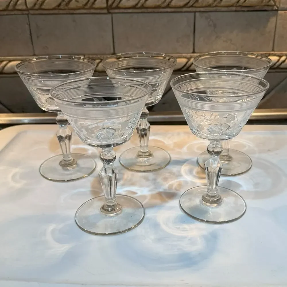Libbey Rock Sharpe Champagne Tall Sherbet‎ Glasses w/Cut Flowers Banded $/each